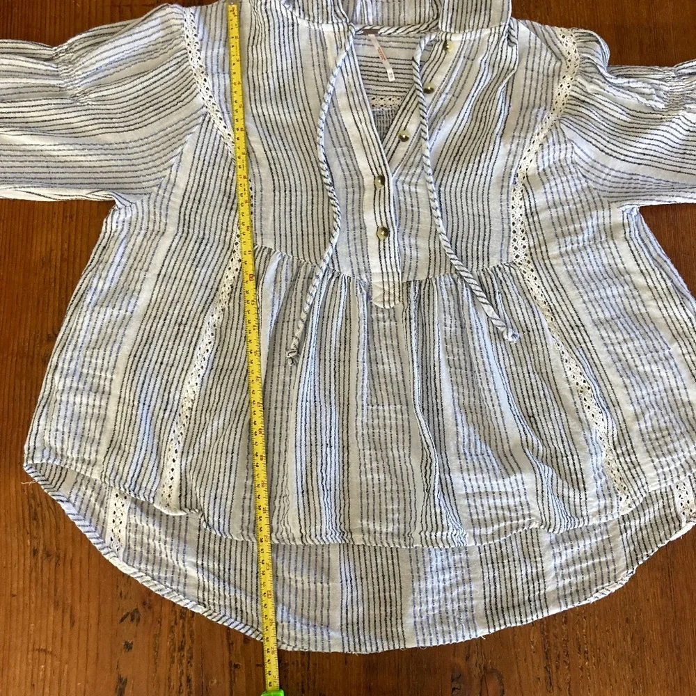 Free People Hooded Puff Sleeve Swing Shirt White, Black, Blue Stripes Size XS